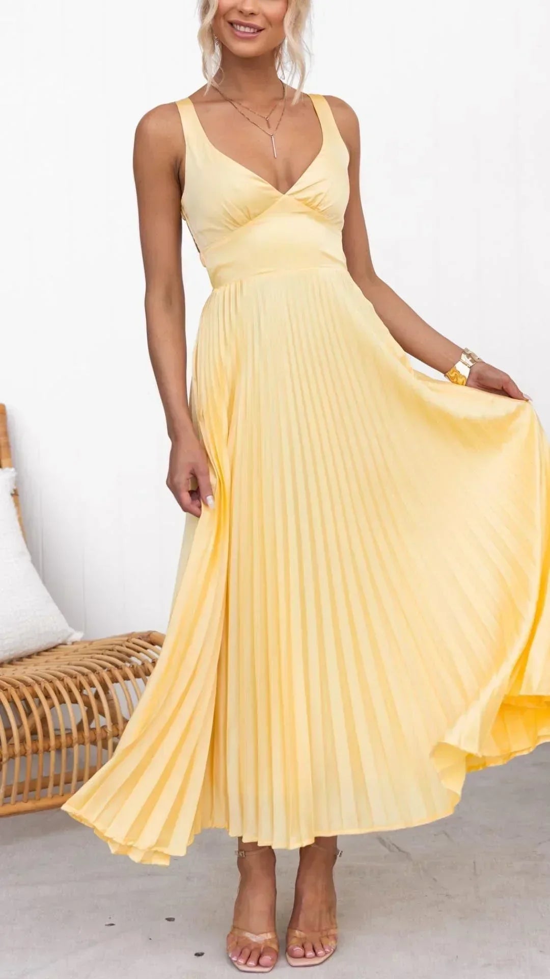 Esme | Women's V-Neck Pleated Maxi Dress