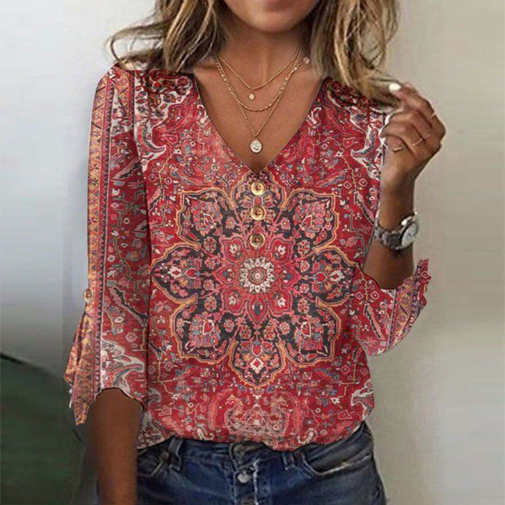 Isadora | Women's Bohemian Print Blouse V-Neck Floral Oriental Style