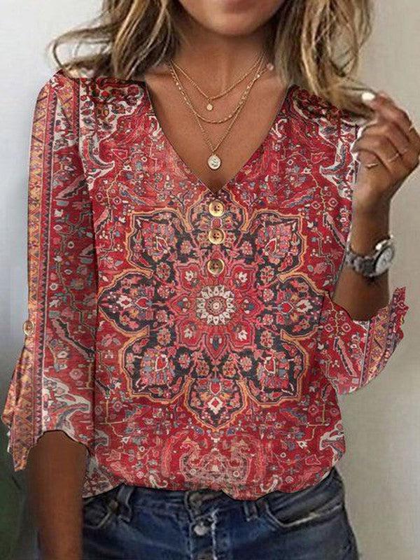 Isadora | Women's Bohemian Print Blouse V-Neck Floral Oriental Style