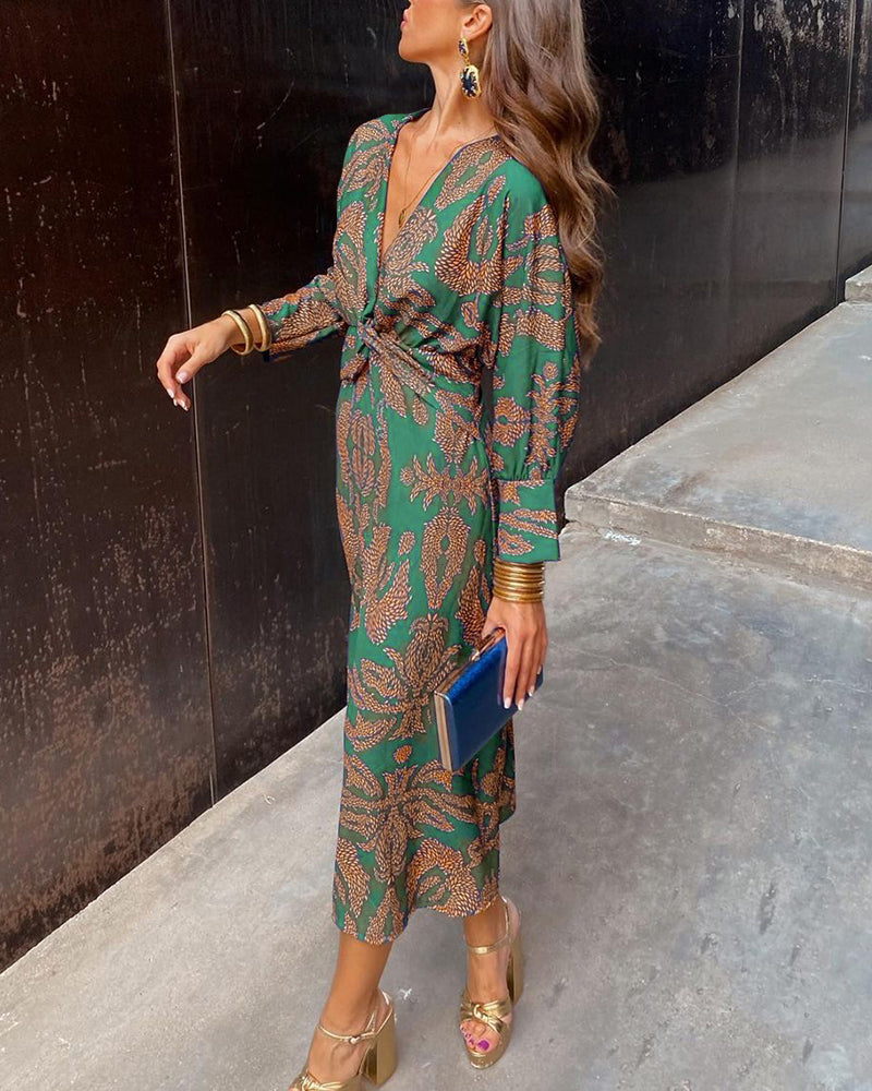 Serena | Women's Boho Printed V-Neck Long Sleeve A-Line Maxi Dress